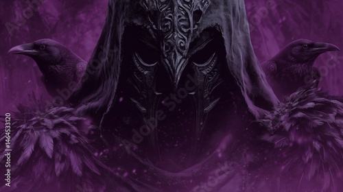 Obraz na płótnie Hooded dark figure with ravens, Gothic fantasy character design, Suitable for magic, myth or dark fantasy themes w salonie