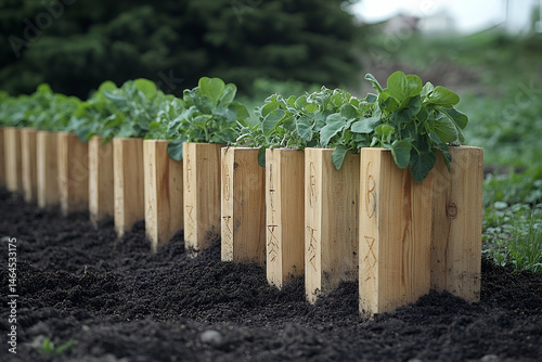 Green Plants in Wooden Planters in a Garden Row