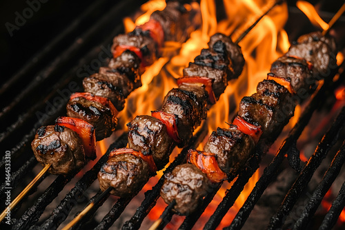 Grilled Beef Kabobs with Red Peppers on a Hot Grill