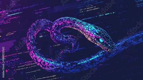 A computer screen displaying python code with a digital snake, symbolizing python programming for data engineering	
