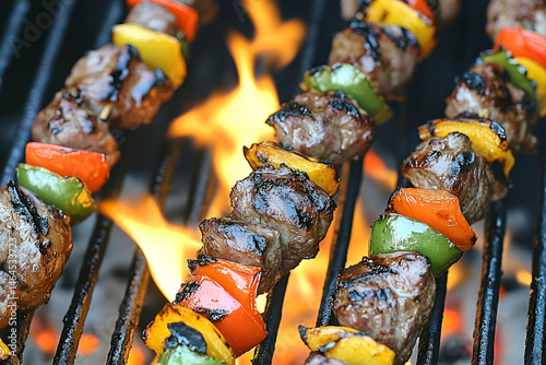 Grilled Meat and Pepper Skewers on a Barbecue Grill