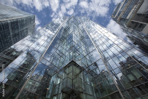 Worm's eye view of glass skyscraper reflecting clouds and sky in a modern urban architecture scene