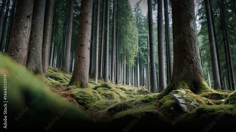 Mossy forest floor with tall trees, Dense green woodland with low perspective, Suitable for nature, calm or escape themes