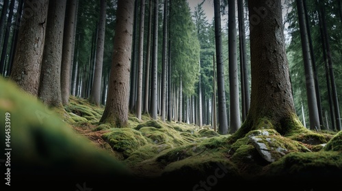Obraz na płótnie Mossy forest floor with tall trees, Dense green woodland with low perspective, Suitable for nature, calm or escape themes w salonie