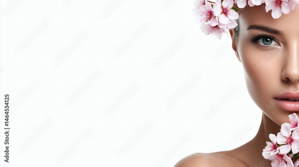 Natural beauty with cherry blossoms, Fresh spring look portrait, Ideal for skincare or floral wellness themes