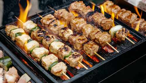 Grilled Meat Skewers on a Flaming Grill