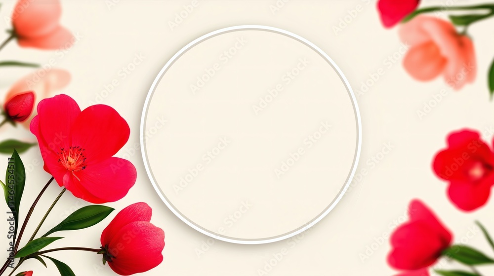 Round floral frame on pastel background, Empty circle surrounded by red blossoms, Concept template for greeting or seasonal invitation