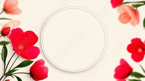 Obraz na płótnie Round floral frame on pastel background, Empty circle surrounded by red blossoms, Concept template for greeting or seasonal invitation w salonie