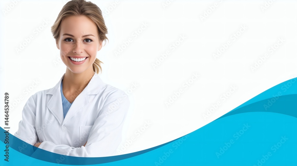 Smiling female dentist in uniform, Professional portrait with blue wave design, Ideal for dental clinic promotion or medical ads