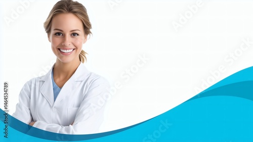 Obraz na płótnie Smiling female dentist in uniform, Professional portrait with blue wave design, Ideal for dental clinic promotion or medical ads w salonie