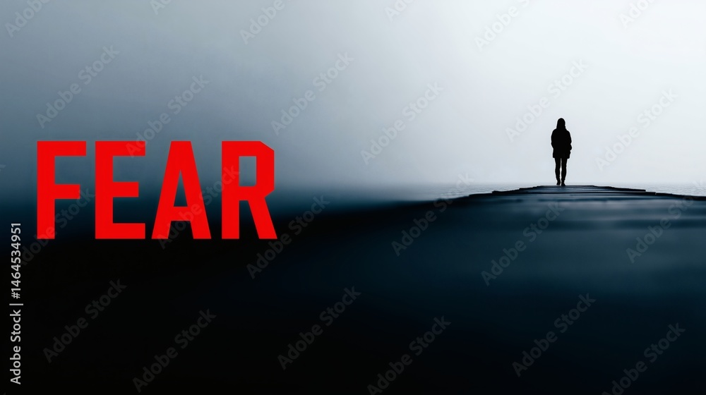 Solitary figure walking into fog, Red FEAR text in minimalist scene, Best for themes of fear, unknown or loneliness