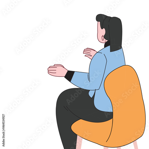 Vector design illustration of a woman dressed in neat formal dress from the back view and raising both palms forward.