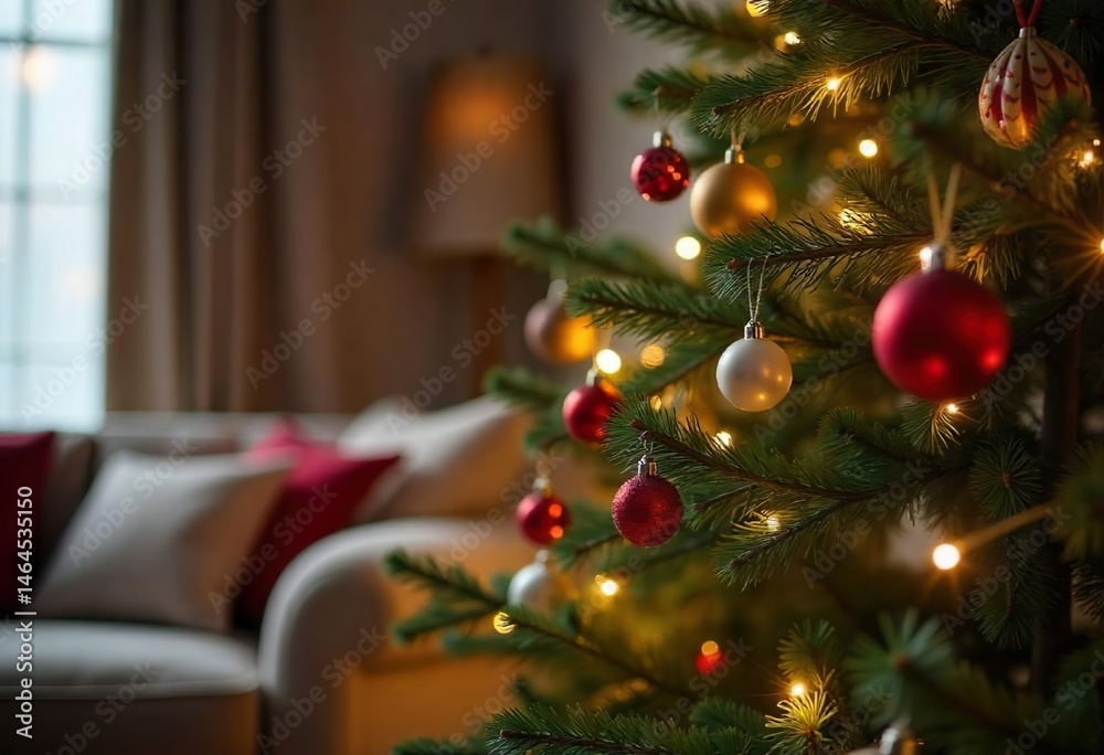 Close-up of a lush Christmas tree decorated with colorful lights and tinsel in a vibrant living room, close up ornament hanging on tree, with hardwood floors, autumn afternoon.
