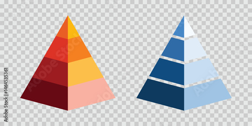 Triangular pyramid charts with clearly segmented colored layers representing development level, priorities or hierarchical structures. Pyramid infographic set, triangle pyramid chart, layered pyramid
