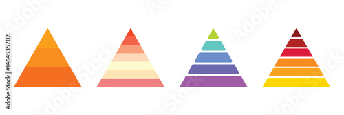 Pyramid infographic set. Colorful vector triangle diagram, triangular pyramid infographics, designed for business presentations, charts, educational materials. pyramid diagrams with ascending levels.