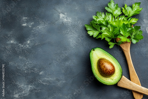 Halved Avocado with Parsley on Dark Background