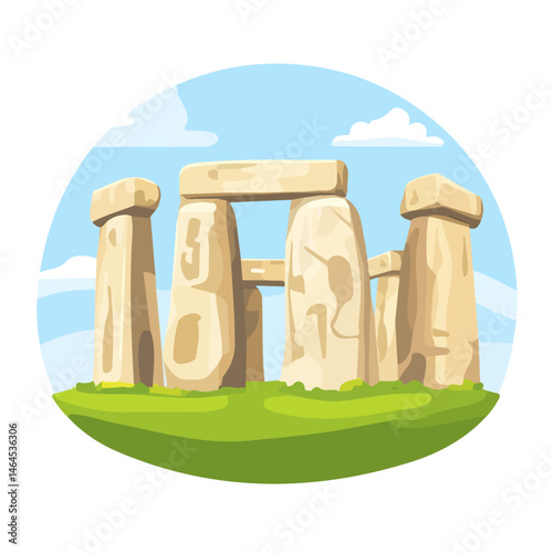 2D flat vector illustration of Stonehenge, isolated on a white background.
