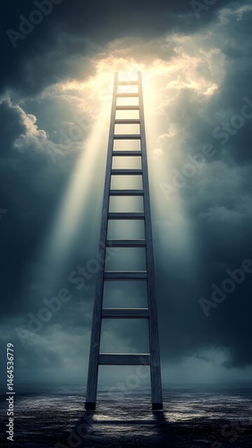 A ladder reaches skyward into a stormy sky, fading into light — symbol of ambition, struggle, and pursuit of power. Ideal for conceptual art and storytelling visuals.