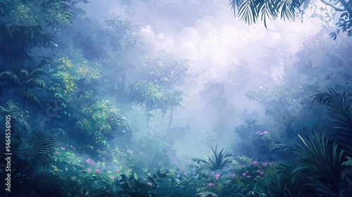 Lush, misty jungle landscape in soft pastel colors.
