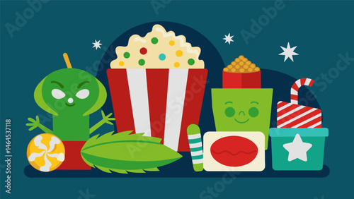 A holiday movie night board with snacks like Grinchthemed popcorn elfshaped cheese slices and hot chocolate marshmallow bites.. Vector illustration