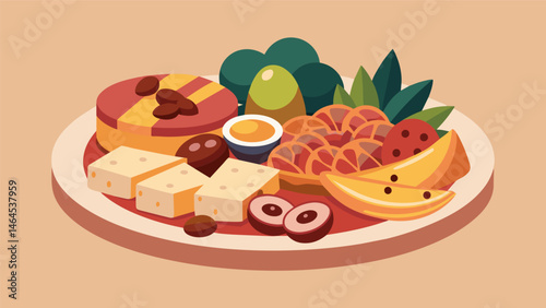 A feast for the senses with a variety of meats cheeses and olives artfully arranged on a beautiful platter.. Vector illustration