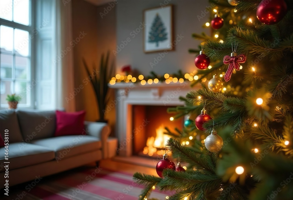 Close-up of the modern Christmas tree with simple decorations in a brightly lit living room decorated with Christmas decorations,sunlight flowing through the window, Scandy's design, fireplace in room
