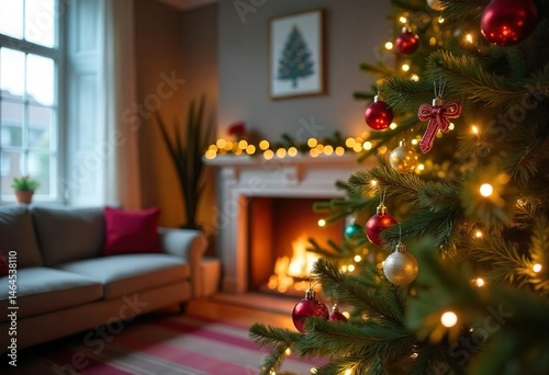 Obraz na płótnie Close-up of the modern Christmas tree with simple decorations in a brightly lit living room decorated with Christmas decorations,sunlight flowing through the window, Scandy's design, fireplace in room w salonie