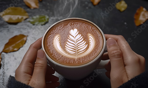 Hands Holding a Steaming Cup of Latte Art Coffee Surrounded by Autumn Leaves