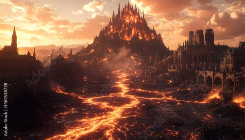 A fiery sunset illuminates a burning mountaintop castle and lava-filled city ruins