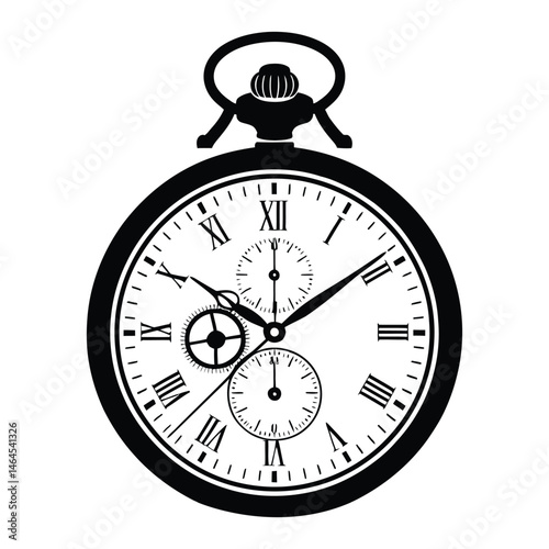 Antique pocket watch Silhouette, Vector, Illustration, Icon, Logo, White Background.