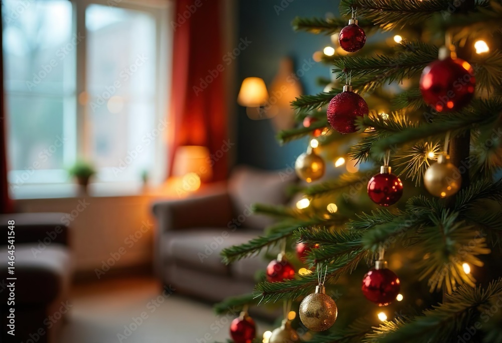 Close-up of a lush Christmas tree decorated with colorful lights and tinsel in a vibrant living room, close up ornament hanging on tree, with hardwood floors, autumn afternoon.