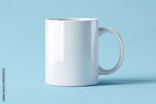 A simple white ceramic mug with a handle centered on a light blue background in a studio setting view