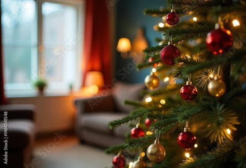 Obraz na płótnie Close-up of a lush Christmas tree decorated with colorful lights and tinsel in a vibrant living room, close up ornament hanging on tree, with hardwood floors, autumn afternoon. w salonie