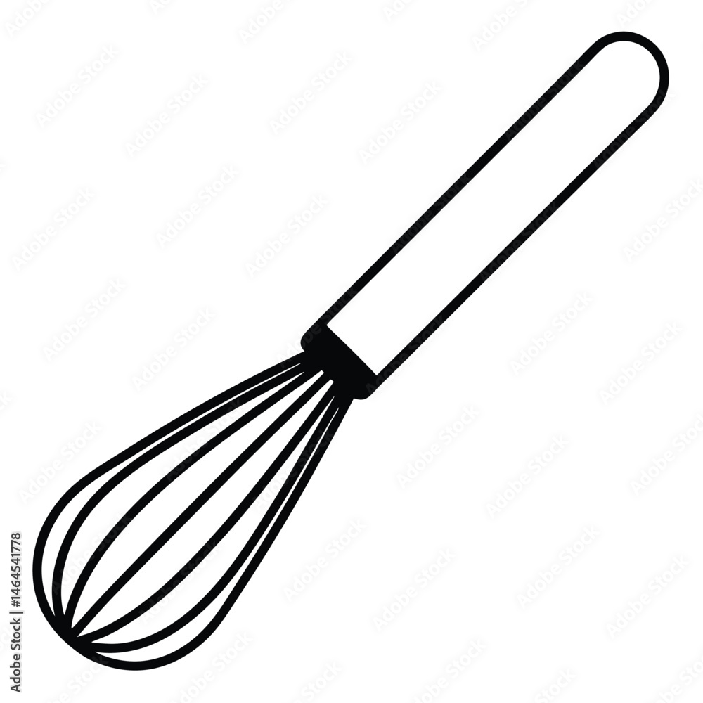 Fototapeta premium Black outline shows a whisk with a handle, ready to use