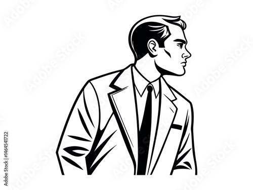Profile silhouette of a man, thoughtful and attentive.  people looking upward, conveying contemplation. likely in a business suit, looking upward. silhouette, man, male, business, suit, looking up, in