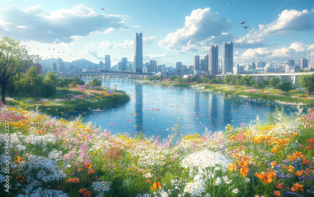 Obraz premium City park spring flowers sunny day river