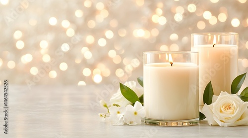Two ivory candles, in glass holders, sit amidst white roses and jasmine, before a shimmering, out-of-focus background