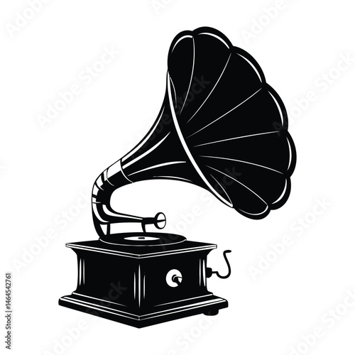 Gramophone with horn Silhouette, Vector, Illustration, Icon, Logo, White Background.