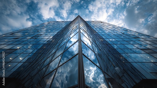 Worm's eye view of a glass skyscraper reflecting the cloudy sky above on a bright sunny day outside