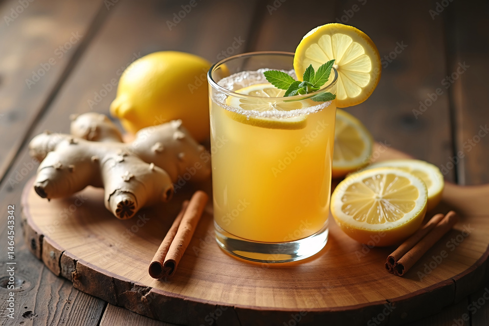 Fototapeta premium Realistic Stock Photo Of Ginger Cinnamon Tonic In Transparent Glass, Surrounded By Fresh Ingredients, Placed On Vintage Wooden Surface With Clean Aesthetic And Wellness Vibes