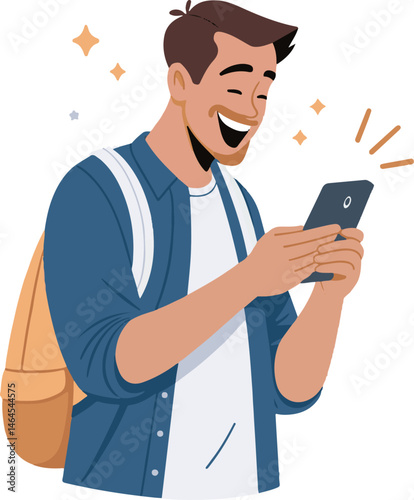 Happy Man Looking at Smartphone Illustration: Excited, Joyful Reaction