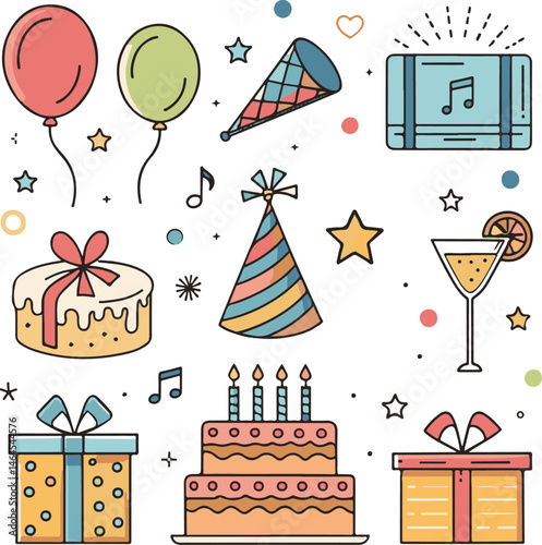 Birthday Party Doodle Elements: Cake, Balloons, Gifts, Music, and More