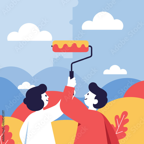Two friends painting wall together with paint roller in nature setting on bright background with copy space