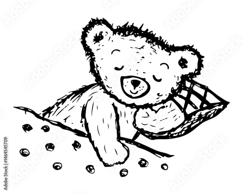 Hand-drawn sketch of a cute little bear sleeping in the bed.