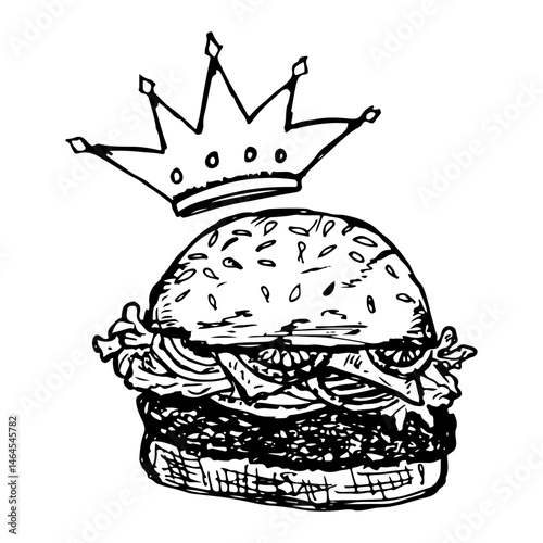 Burger and crown food logo, hand-drawn vector cartoon illustration.