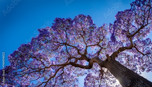 a stunning jacaranda tree in full bloom viewed from below in spring beautiful purple flowers contrast against a clear blue sky
