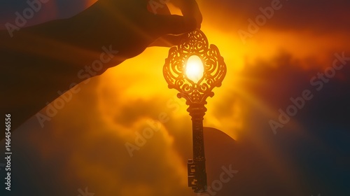 A golden key held aloft against a sunset sky.