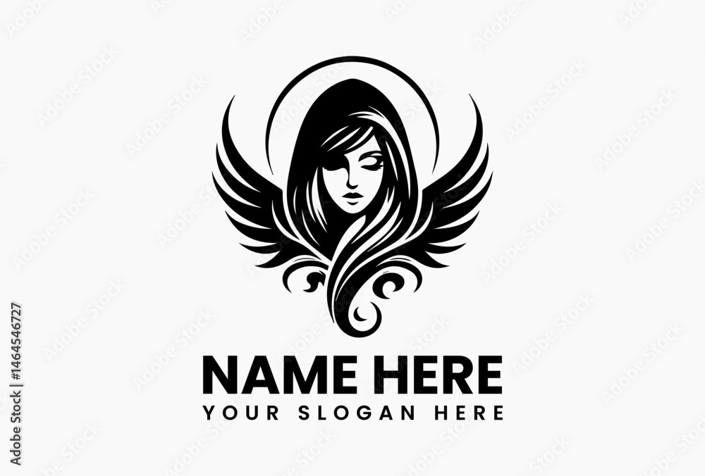 Obraz premium Stylized Winged Woman Vector Graphic. Serene Angelic Vector Logo Design