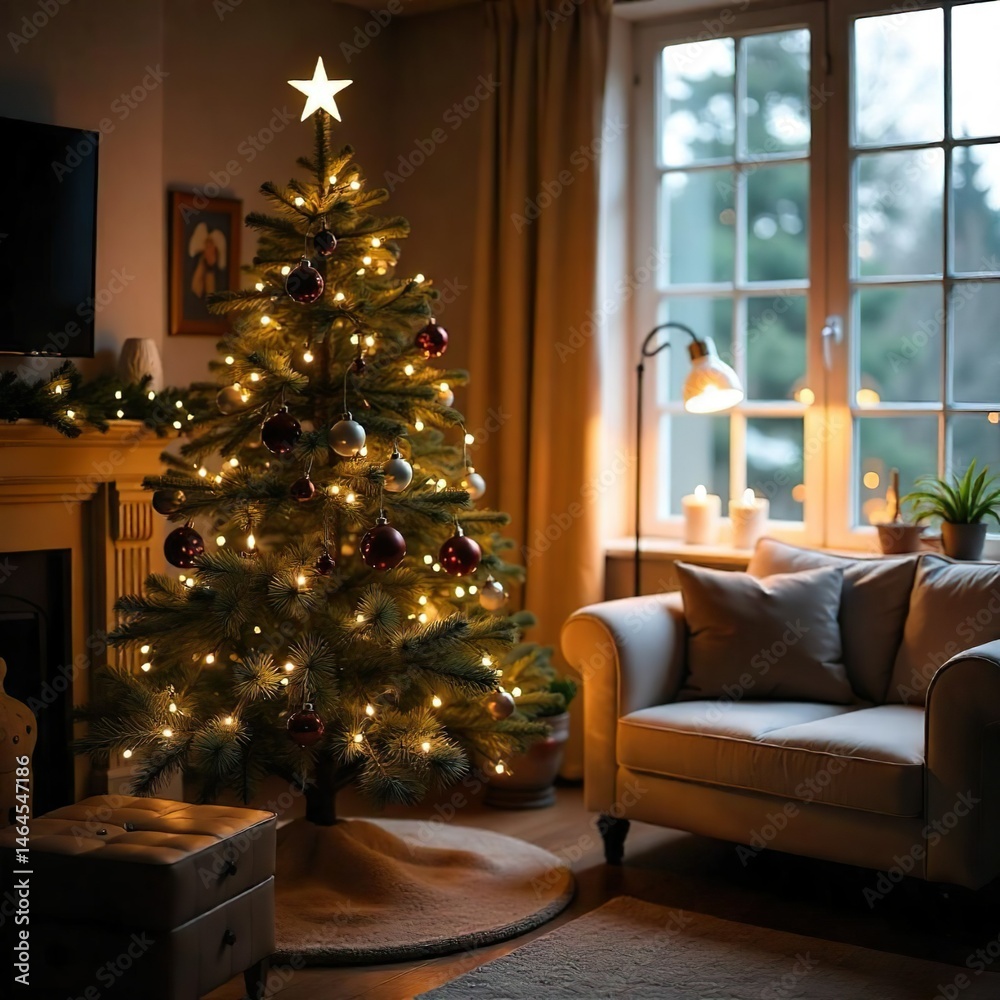 Close-up of the modern Christmas tree with simple decorations in a brightly lit living room, decorated with Christmas decorations, sunlight flowing through the window, and Scandy's design