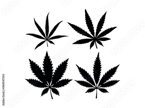 Bundle Isolated Cannabis Leaf Silhouettes Against a White Background, features four distinct, detailed silhouettes of cannabis leaves against a plain white background. marijuana, cannabis, marijuana, 